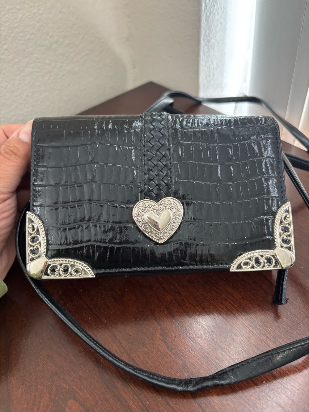 Black Croc-Embossed Crossbody with Silver Heart Accent